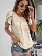 Swiss Dot Round Neck Petal Sleeve Top (11)