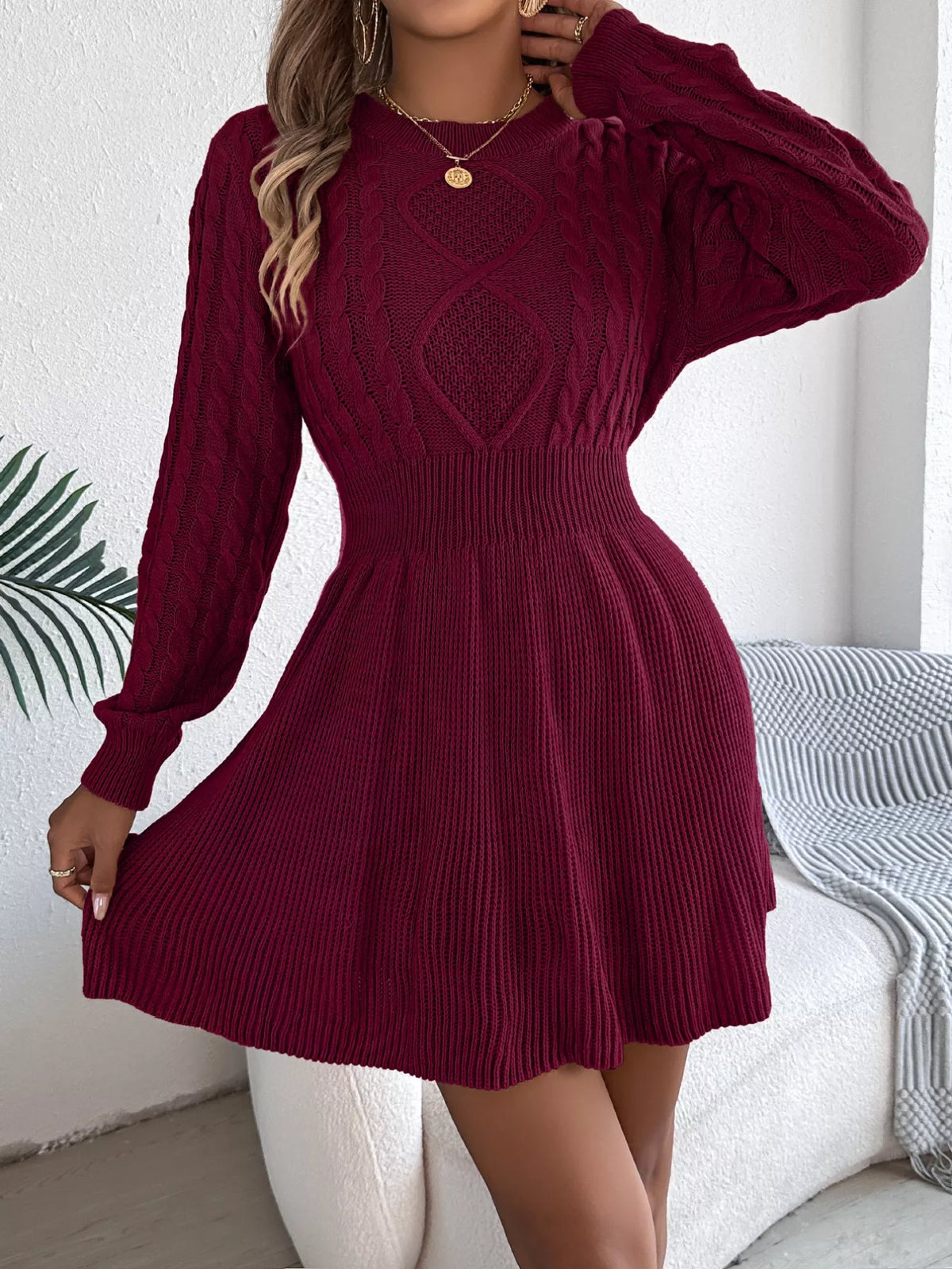 Cable Knit Long Sleeve Sweater Dress (10)