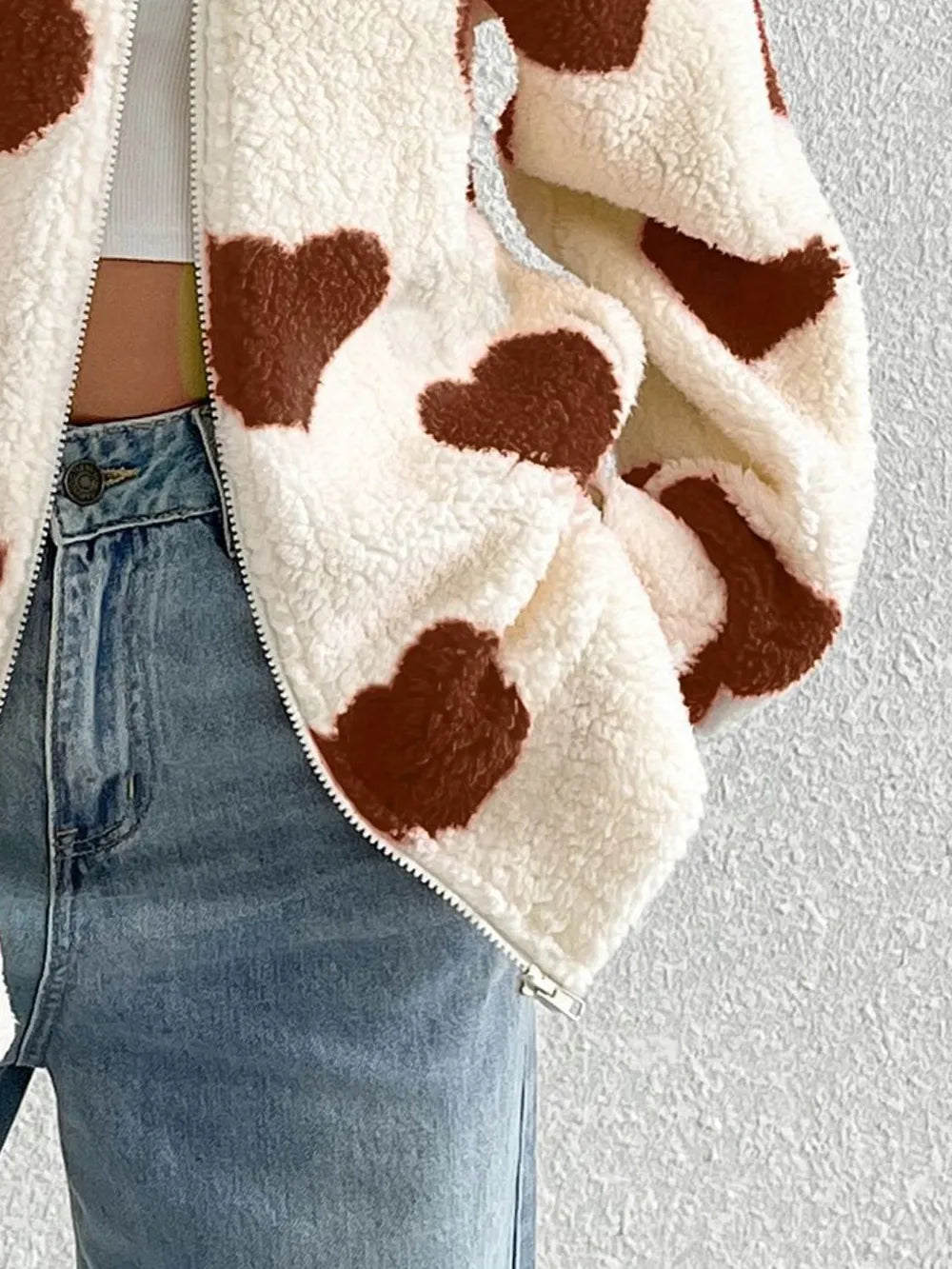 Heart Zip Up Drop Shoulder Furry Jacket (8)