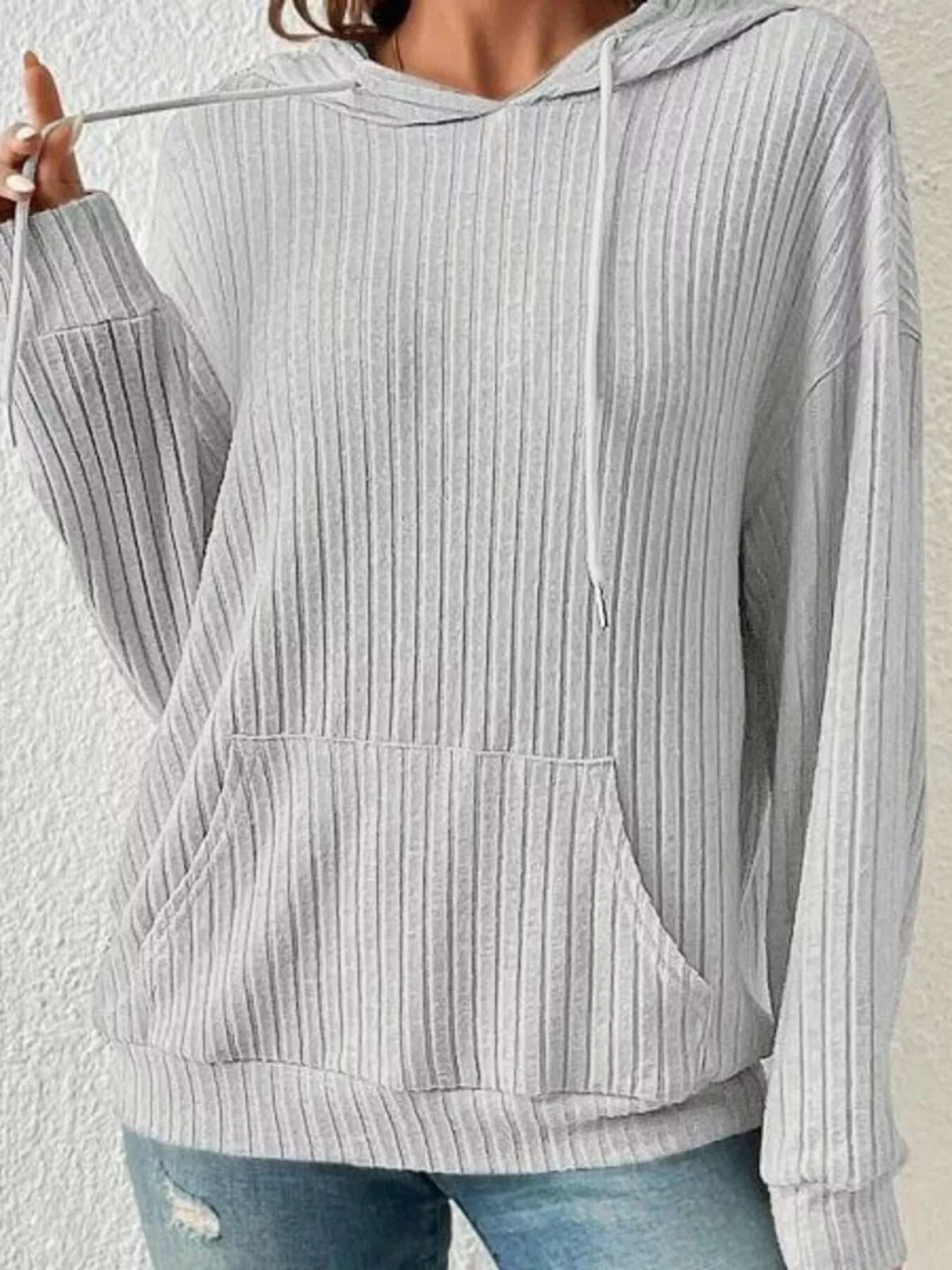 Ribbed Knit Long Sleeve Drawstring Hoodie (2)