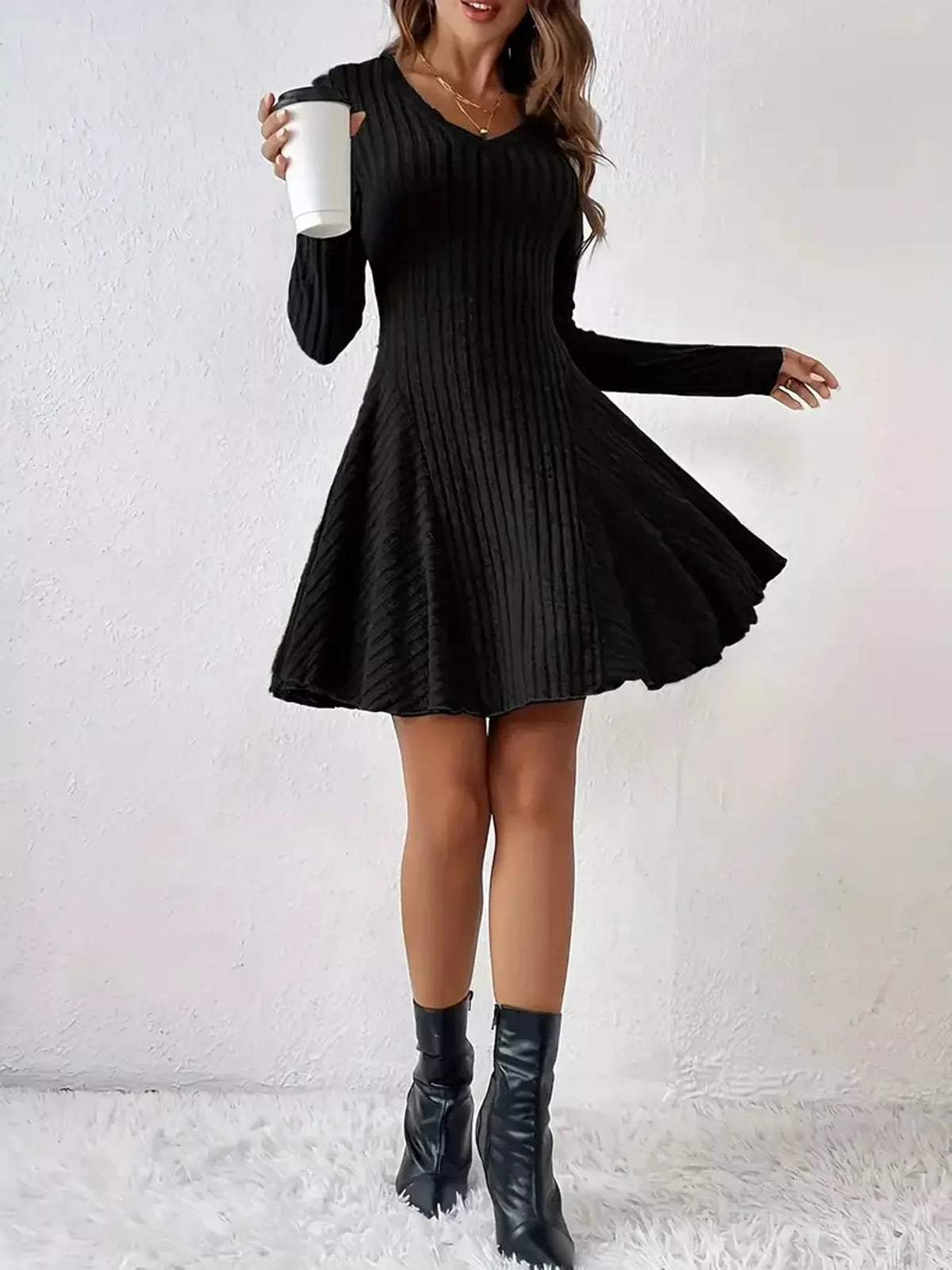 V-neck Ribbed Knit A-line Dress (5)