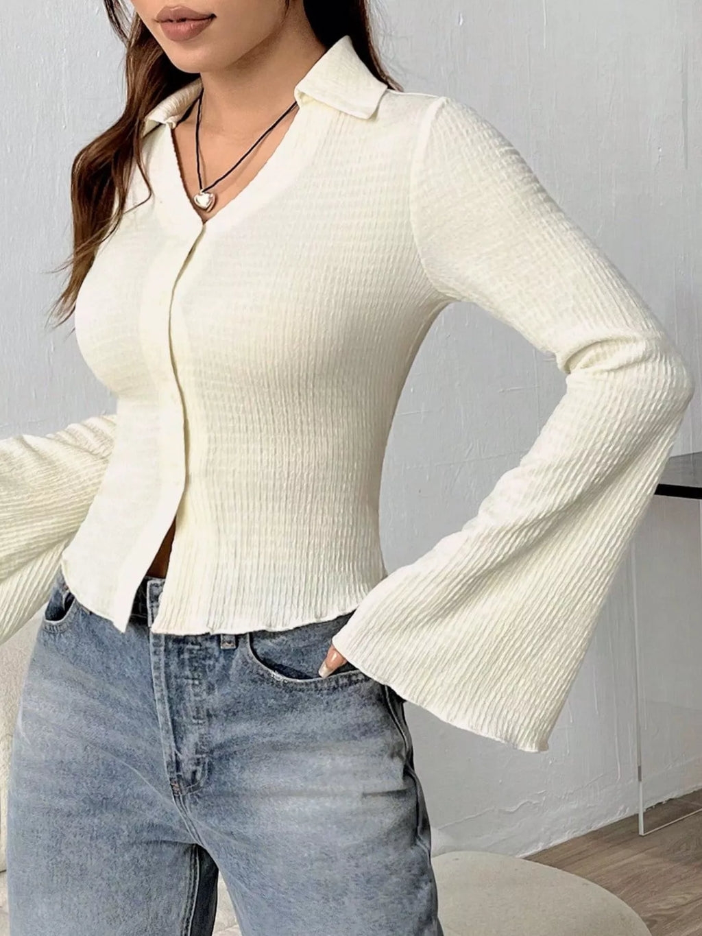 Button Up Flare Sleeve Shirt (5)
