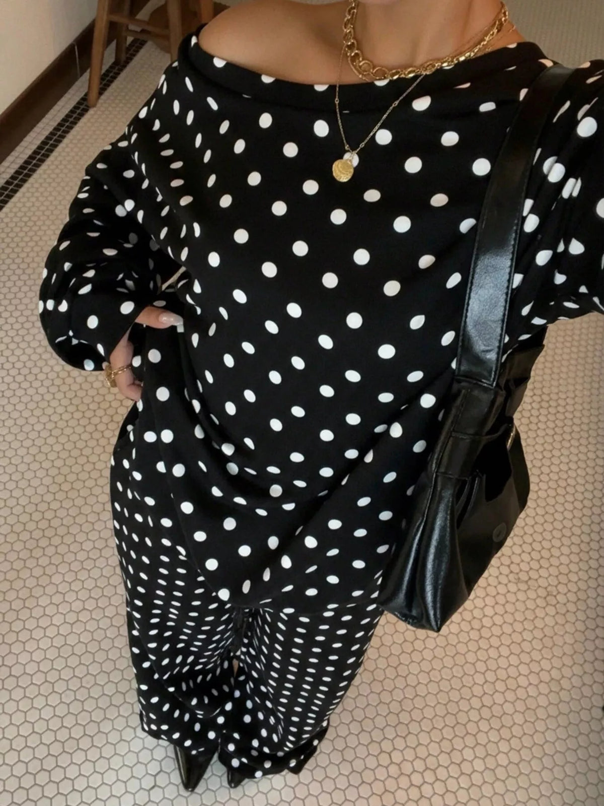 Polka Dot Boat Neck Top Pants Set (2)