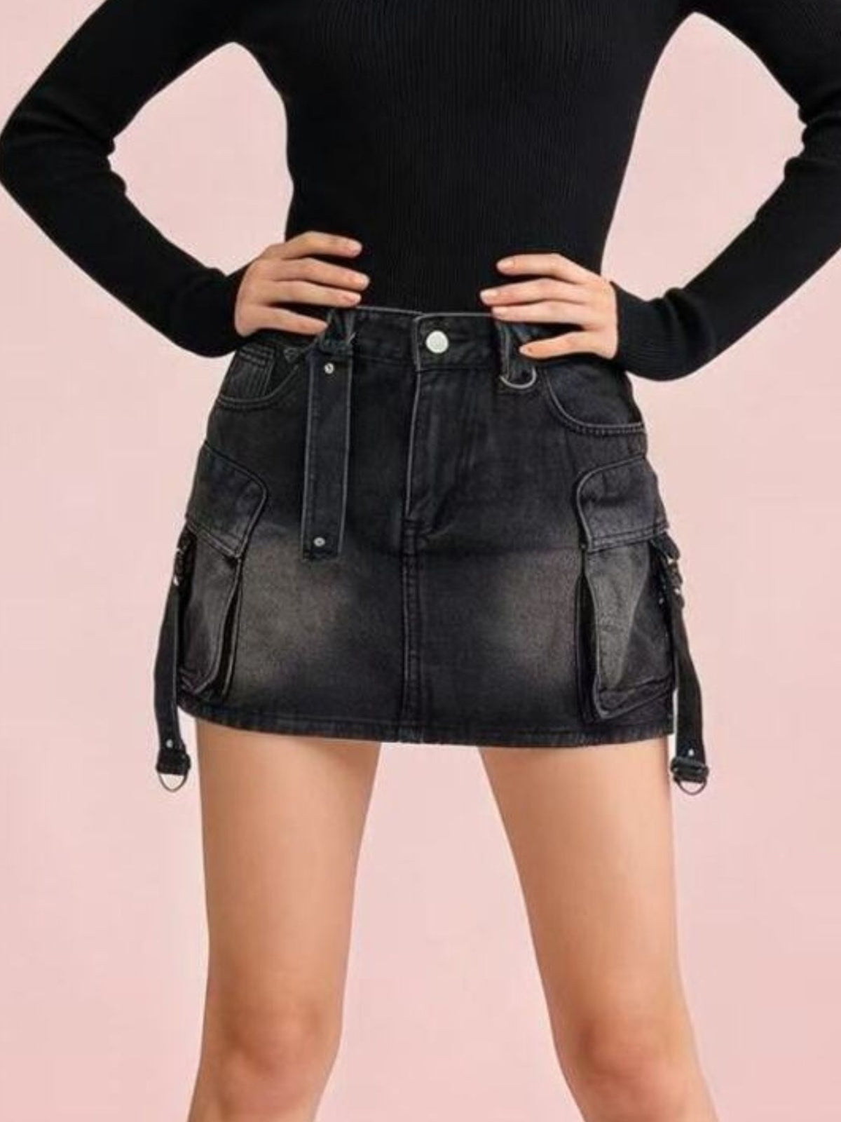 Washed Cargo Denim Skirt (6)
