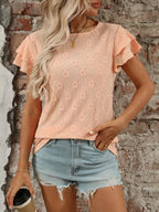 Eyelet Round Neck Double Layered Ruffled Short Sleeve Top (17)