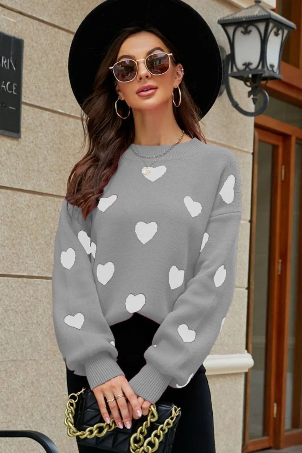 Heart Pattern Lantern Sleeve Round Neck Tunic Sweater (20)