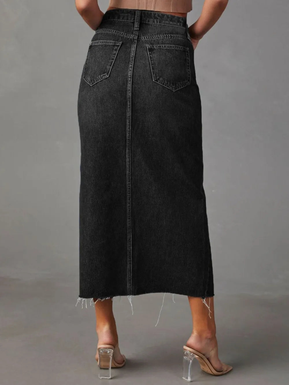Raw Hem Front Slit Denim Midi Skirt (10)