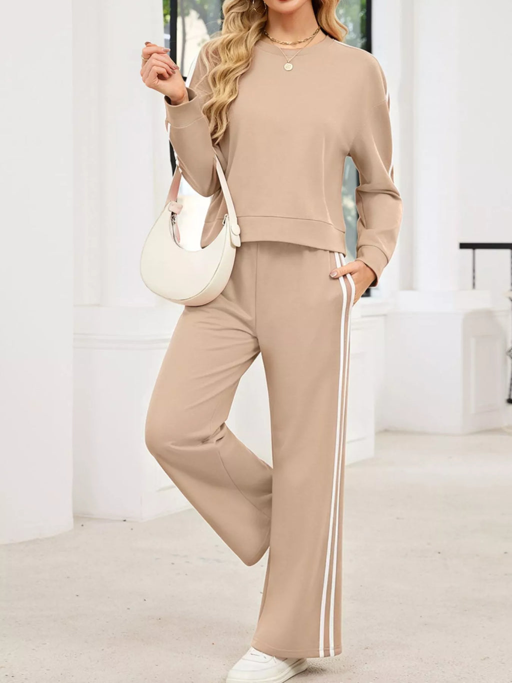 Striped Round Neck Sweatshirt Pants Set