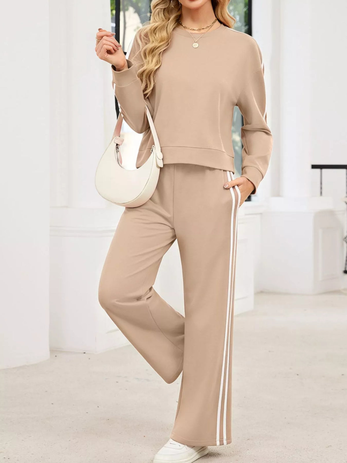 Striped Round Neck Sweatshirt Pants Set