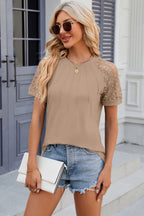 Openwork Round Neck Short Sleeve T-shirt (20)