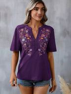 Embroidered Notched Short Sleeve T-shirt (14)