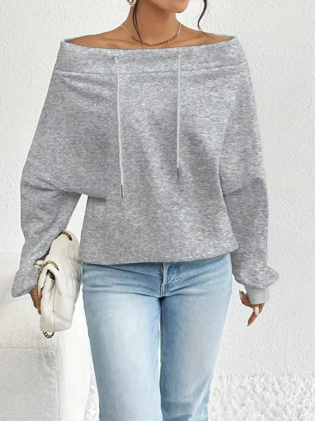 Off-shoulder Drawstring Sweatshirt (2)