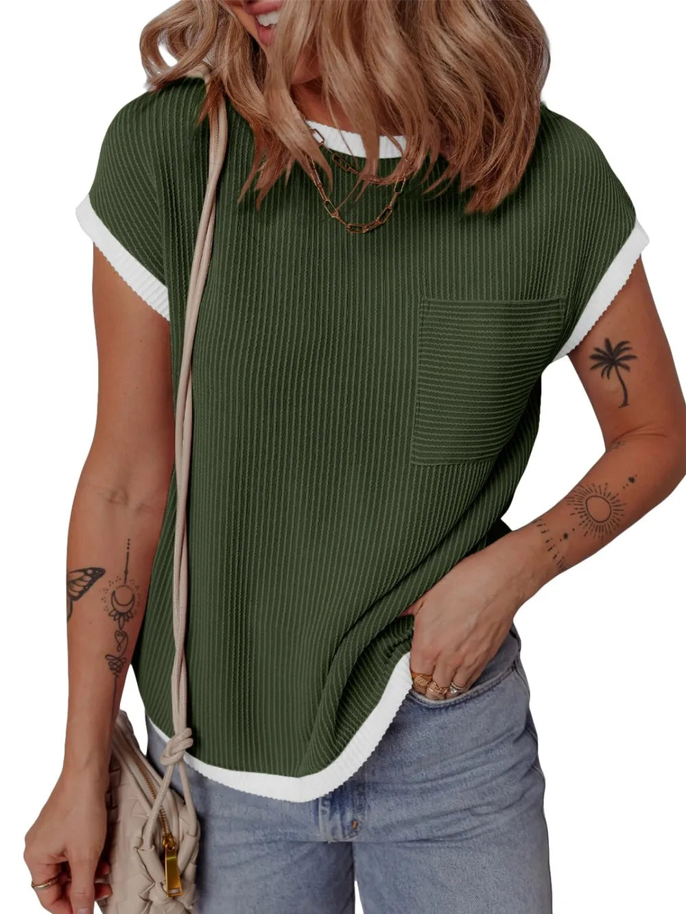 Contrast Trim Round Neck Short Sleeve T-shirt (4)