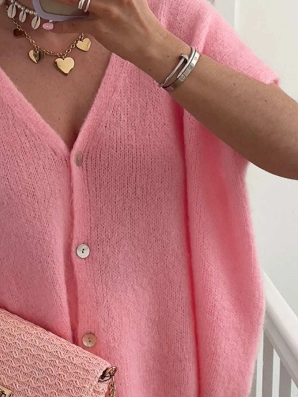 V-neck Button Up Short Sleeve Cardigan (2)