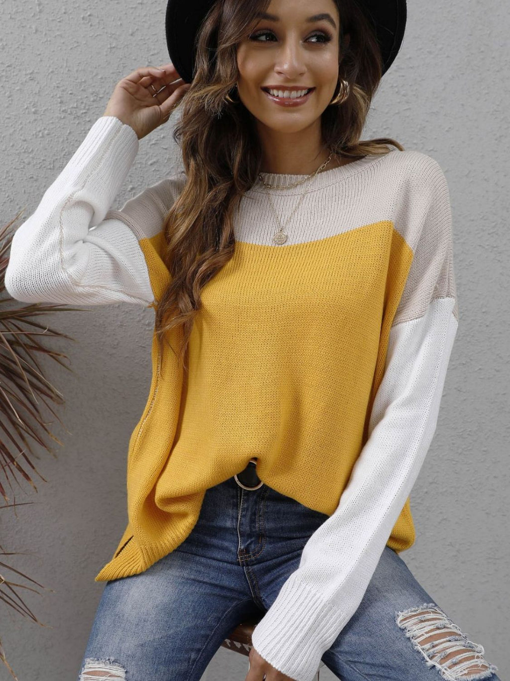 Block Round Neck Dropped Shoulder Sweater (4)