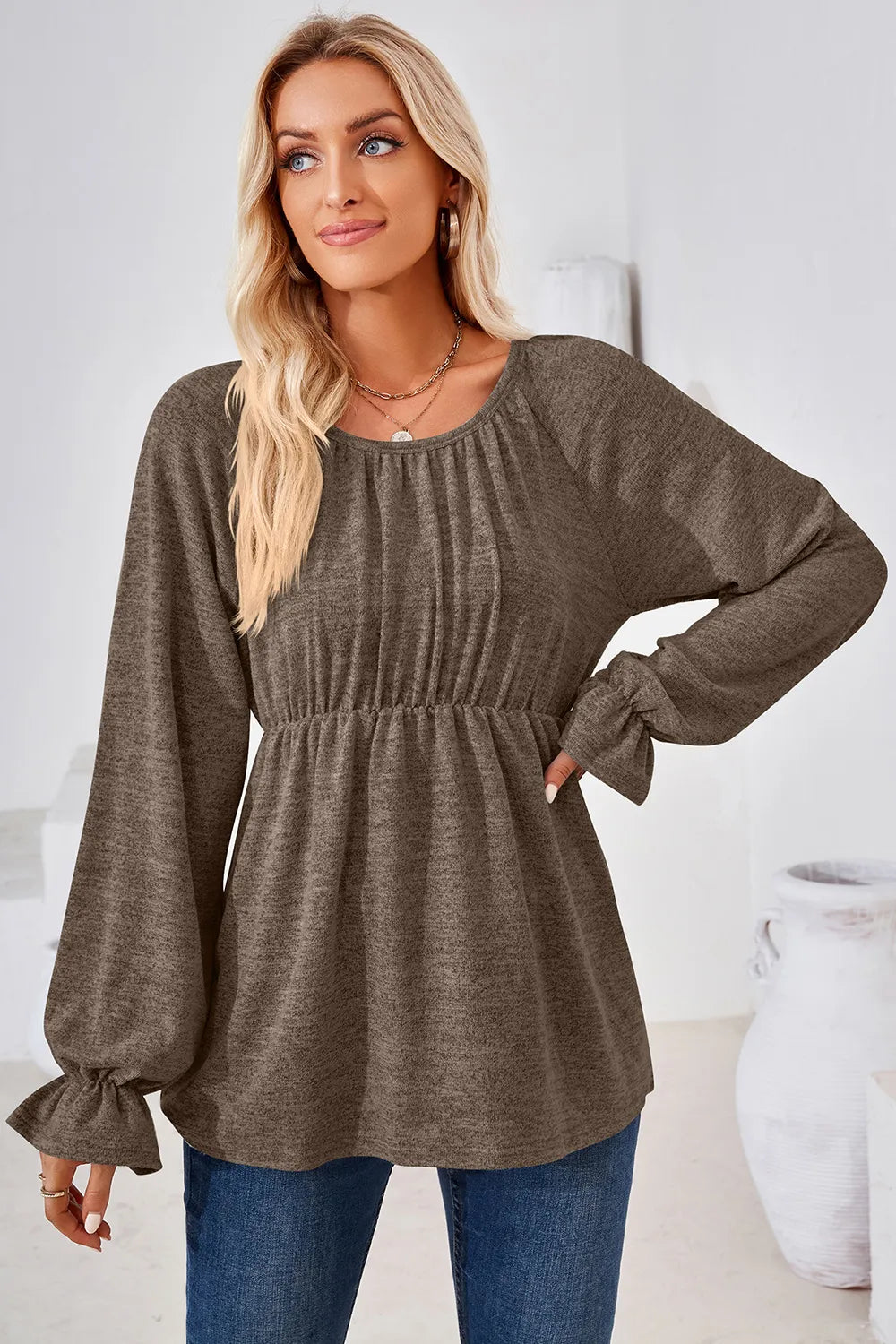 Ruched Round Neck Flounce Sleeve Blouse (10)