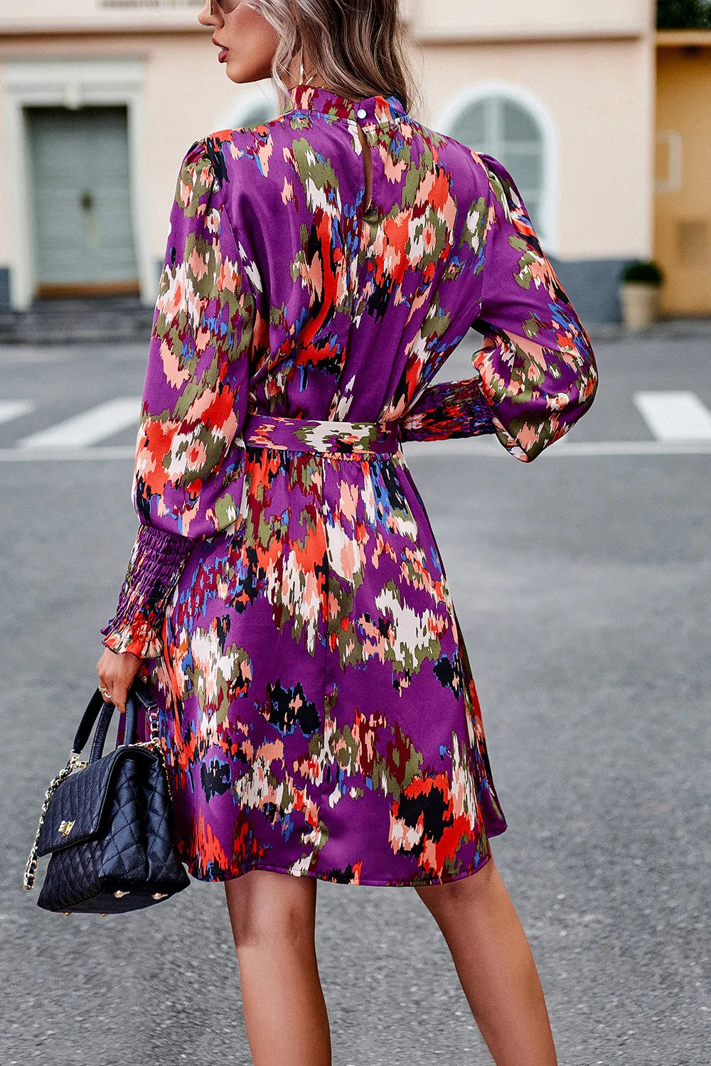 Printed Tie Waist Mock Neck Lantern Sleeve Dress (15)