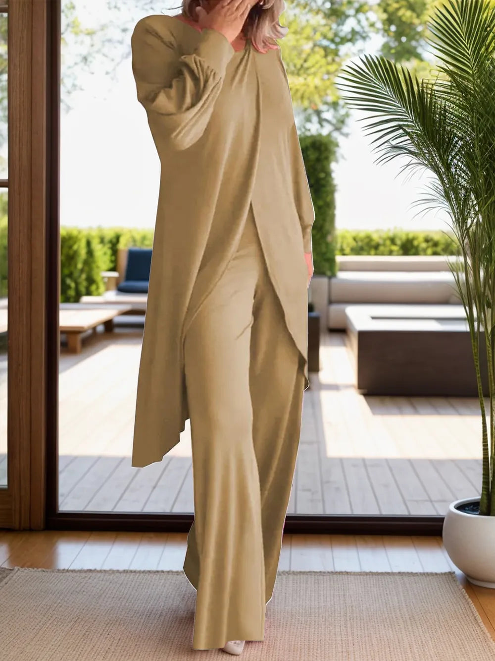 Full Size Slit Round Neck Long Sleeve Top Pants Set (24)