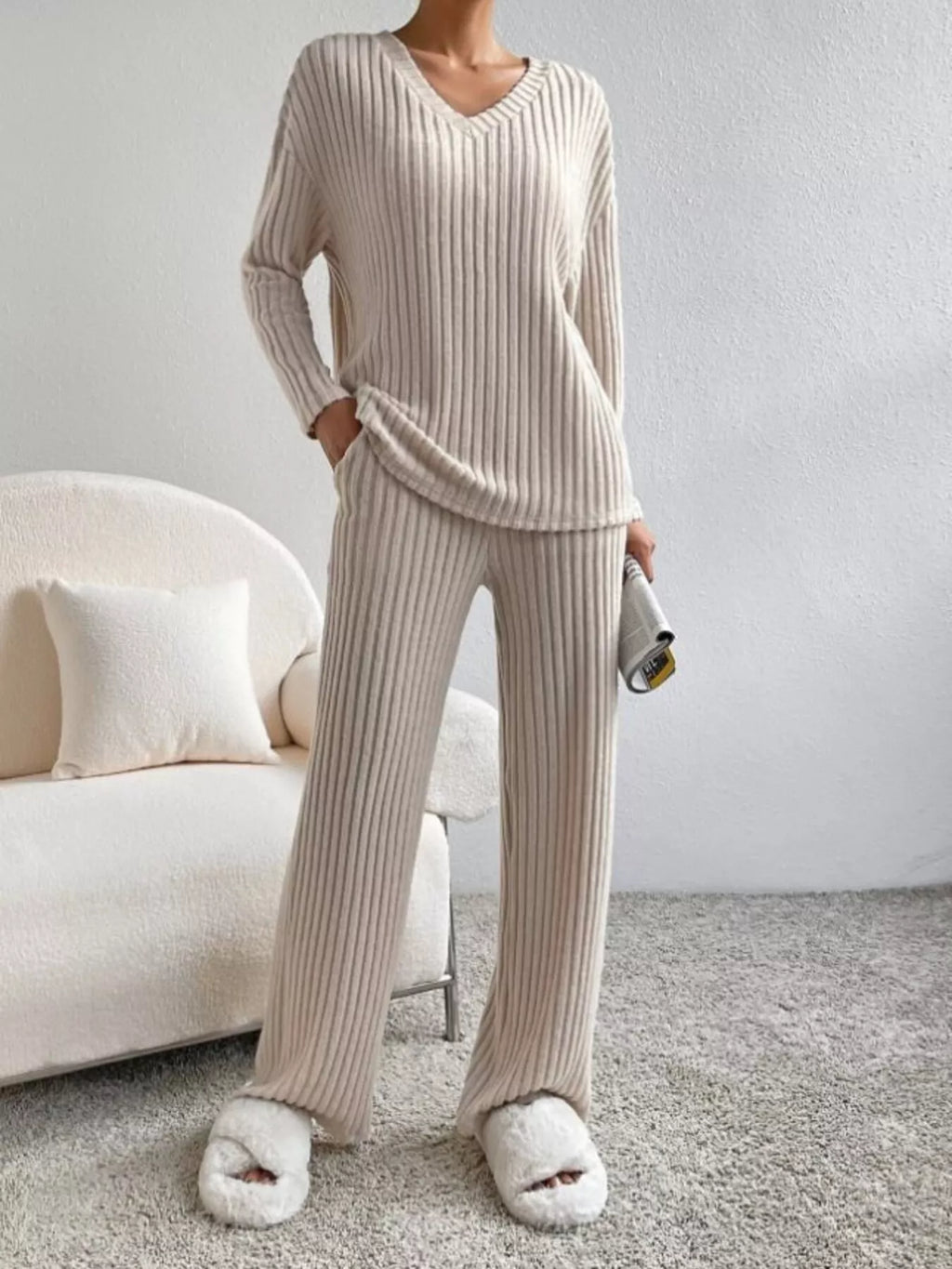 Ribbed Knit V-neck Top Pants Set (4)