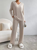 Ribbed Knit V-neck Top Pants Set (4)