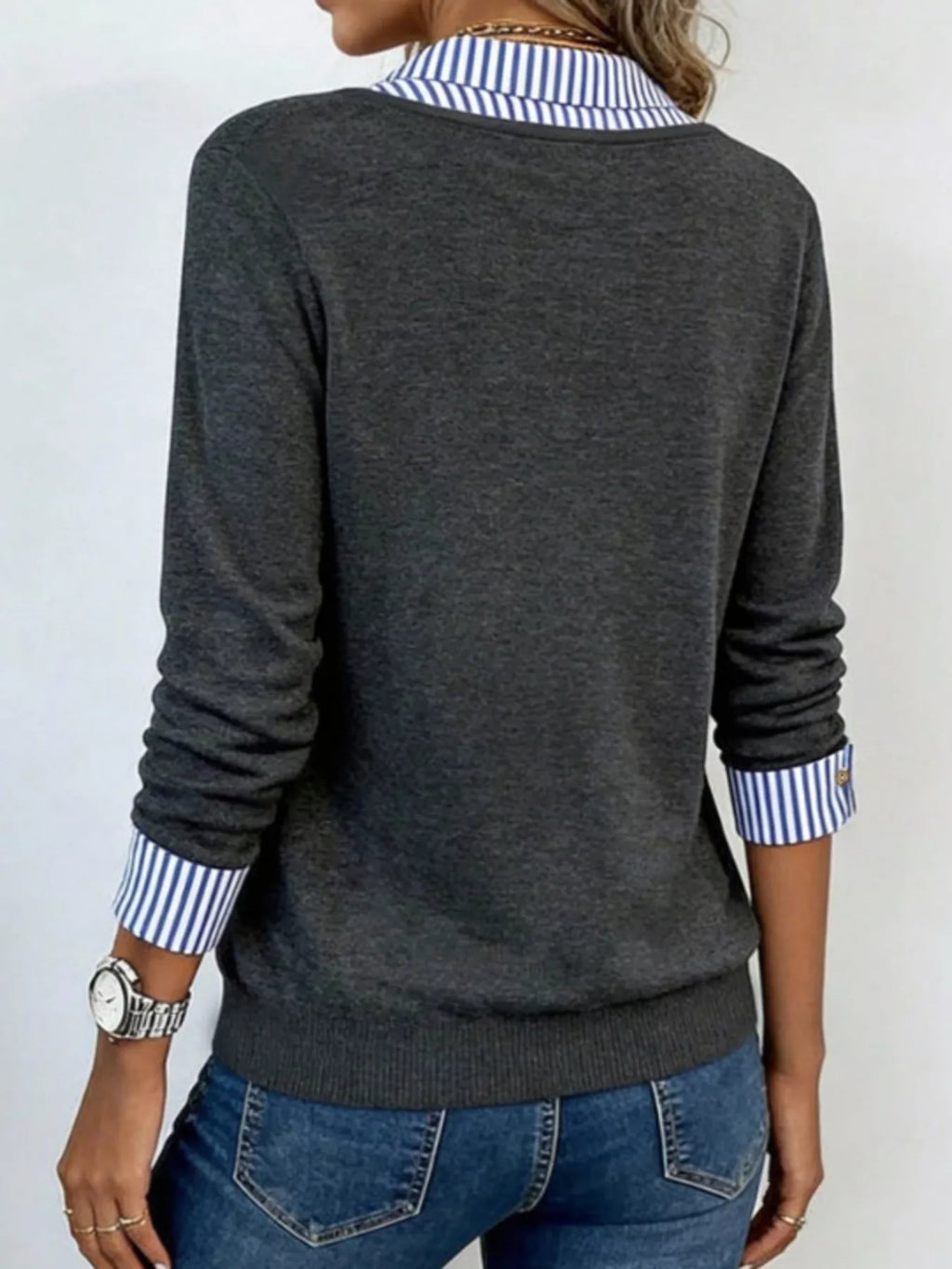 Layered Look Striped Collar Long Sleeve Top (8)