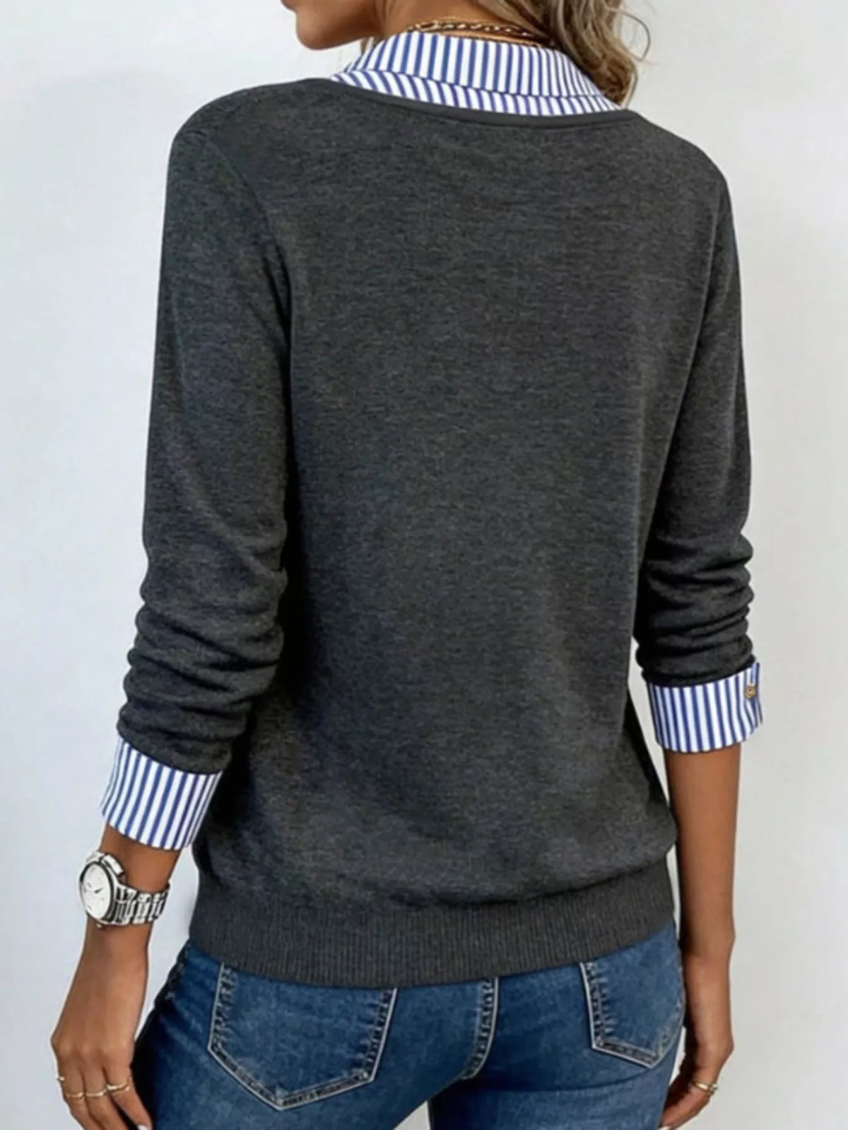 Layered Look Striped Collar Long Sleeve Top (8)