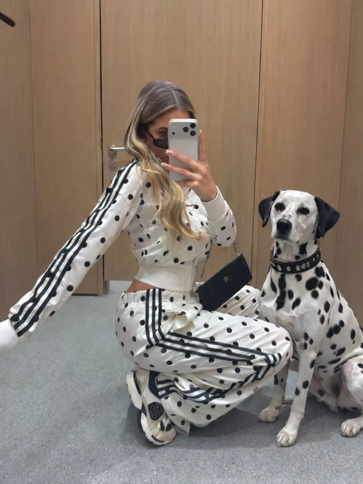 Polka Dot Side Striped Outerwear Pants Set (19)