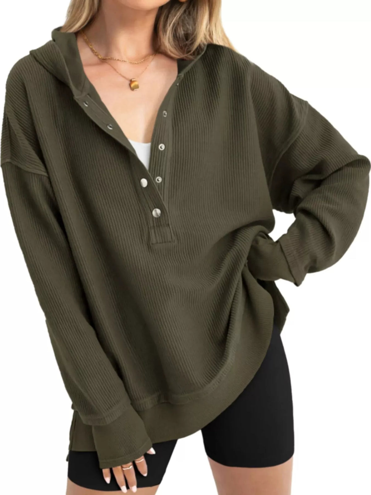 Full Size Snap Button Placket Dropped Shoulder Hoodie Plus (40)