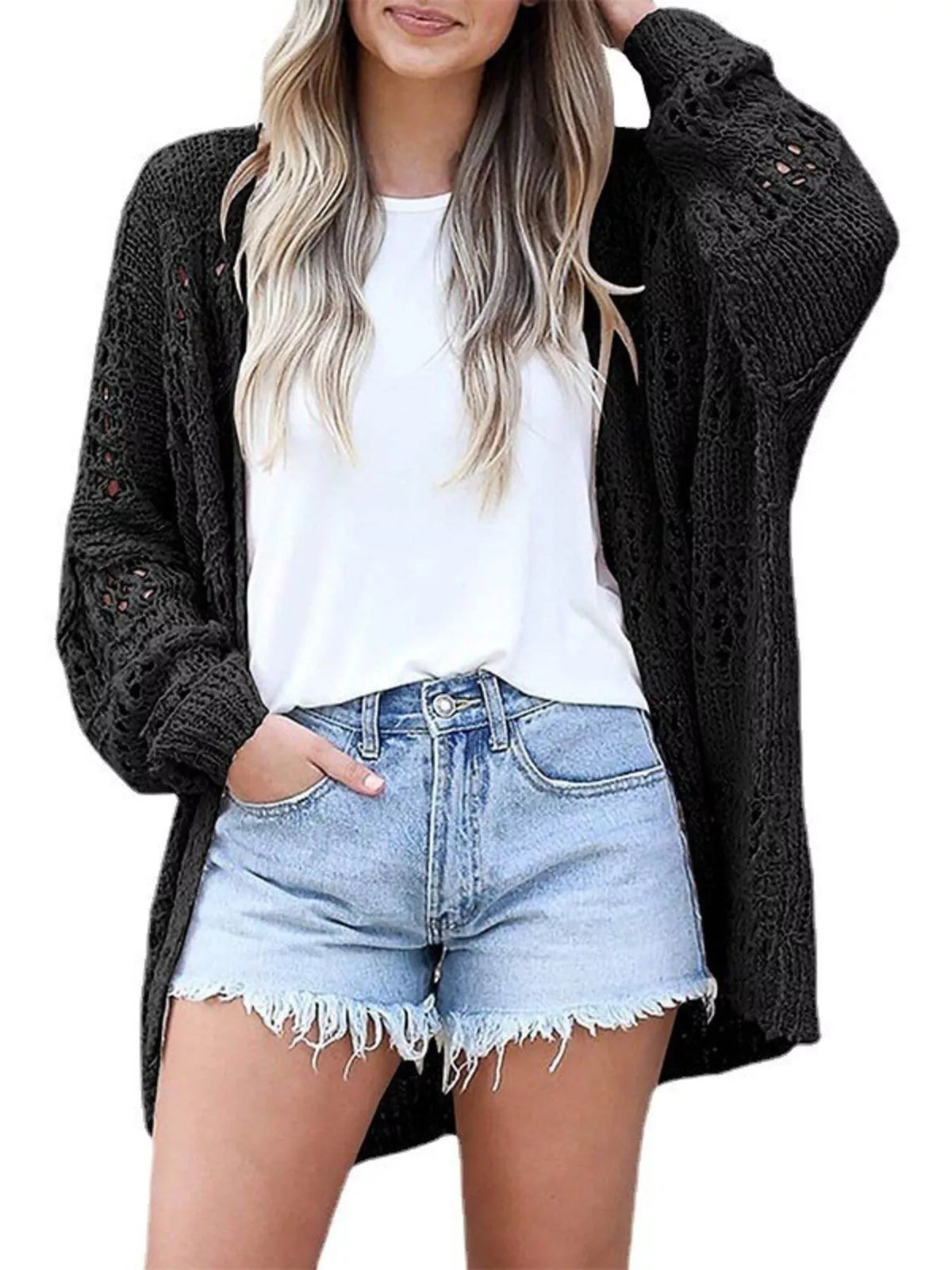 Openwork Open Front Lightweight Cardigan (12)