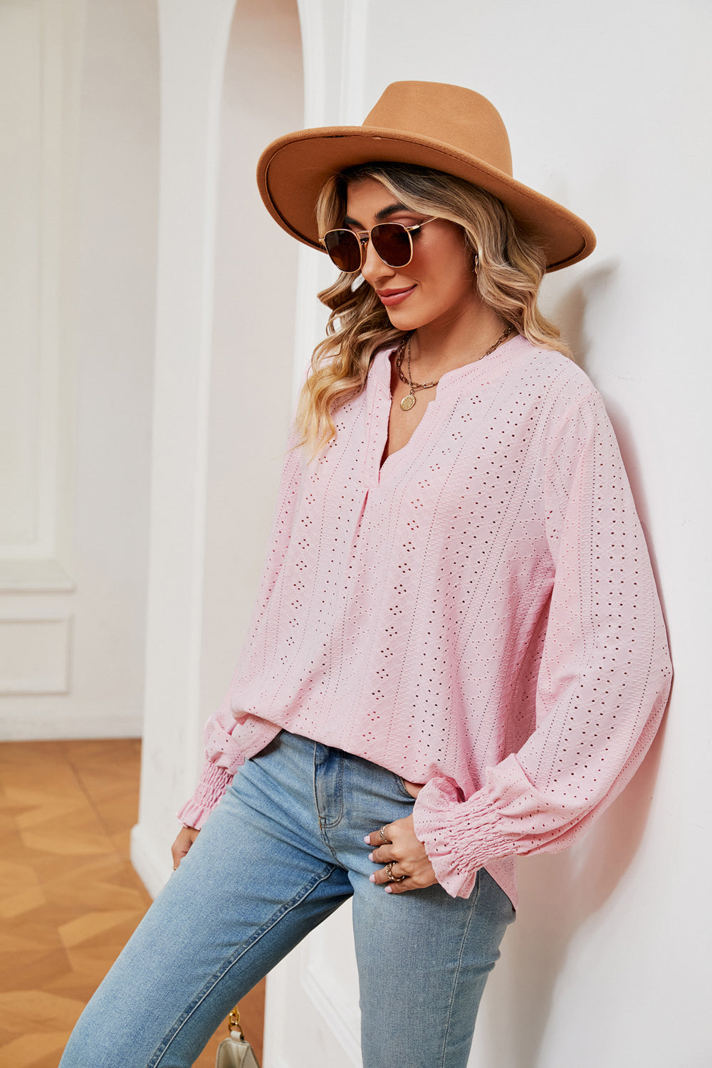 Notched Neck Flounce Sleeve Blouse (12)