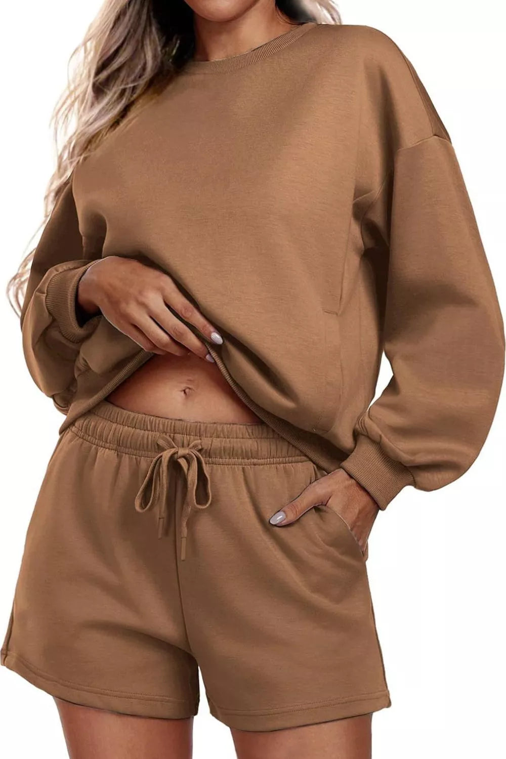 Round Neck Sweatshirt Shorts Set (7)