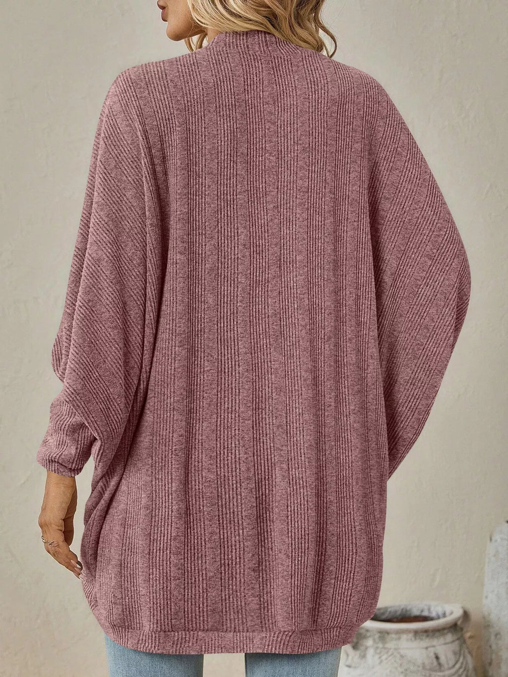 Casual Open Front Batwing Sleeve Ribbed Knit Cardigan (14)