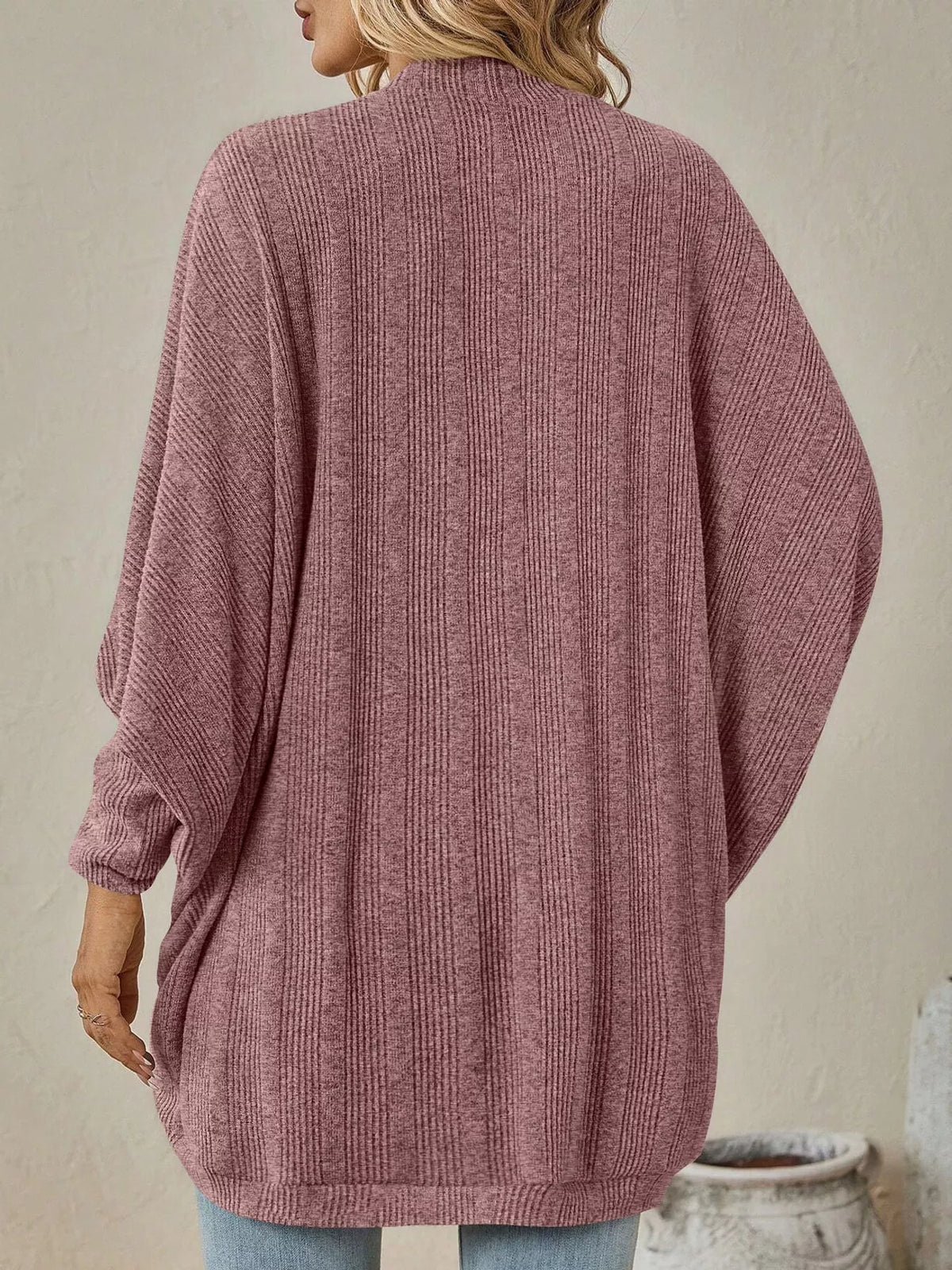 Casual Open Front Batwing Sleeve Ribbed Knit Cardigan (14)