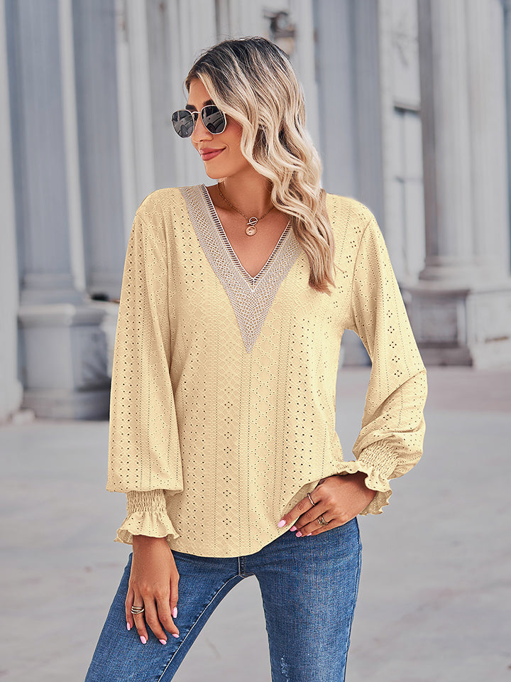 V-neck Eyelet Flounce Sleeve Blouse (3)