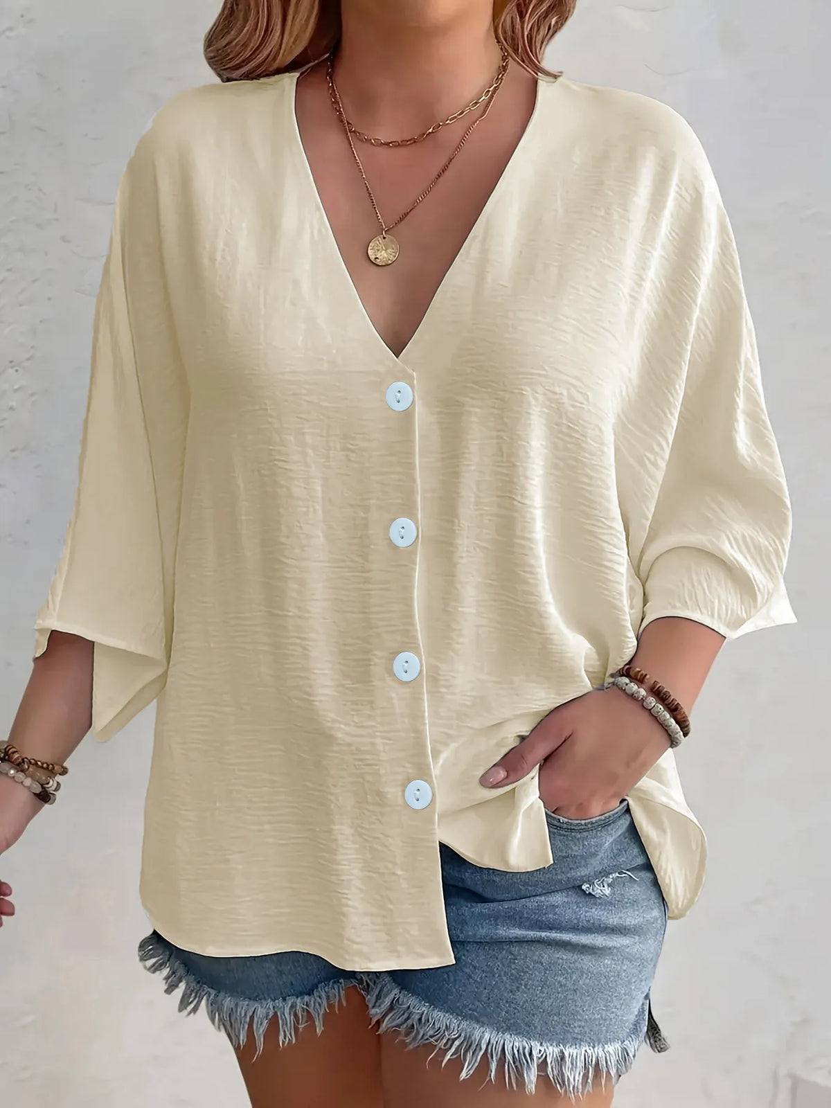 Full Size Casual V-neck Button Down Relaxed Fit Blouse Plus (7)
