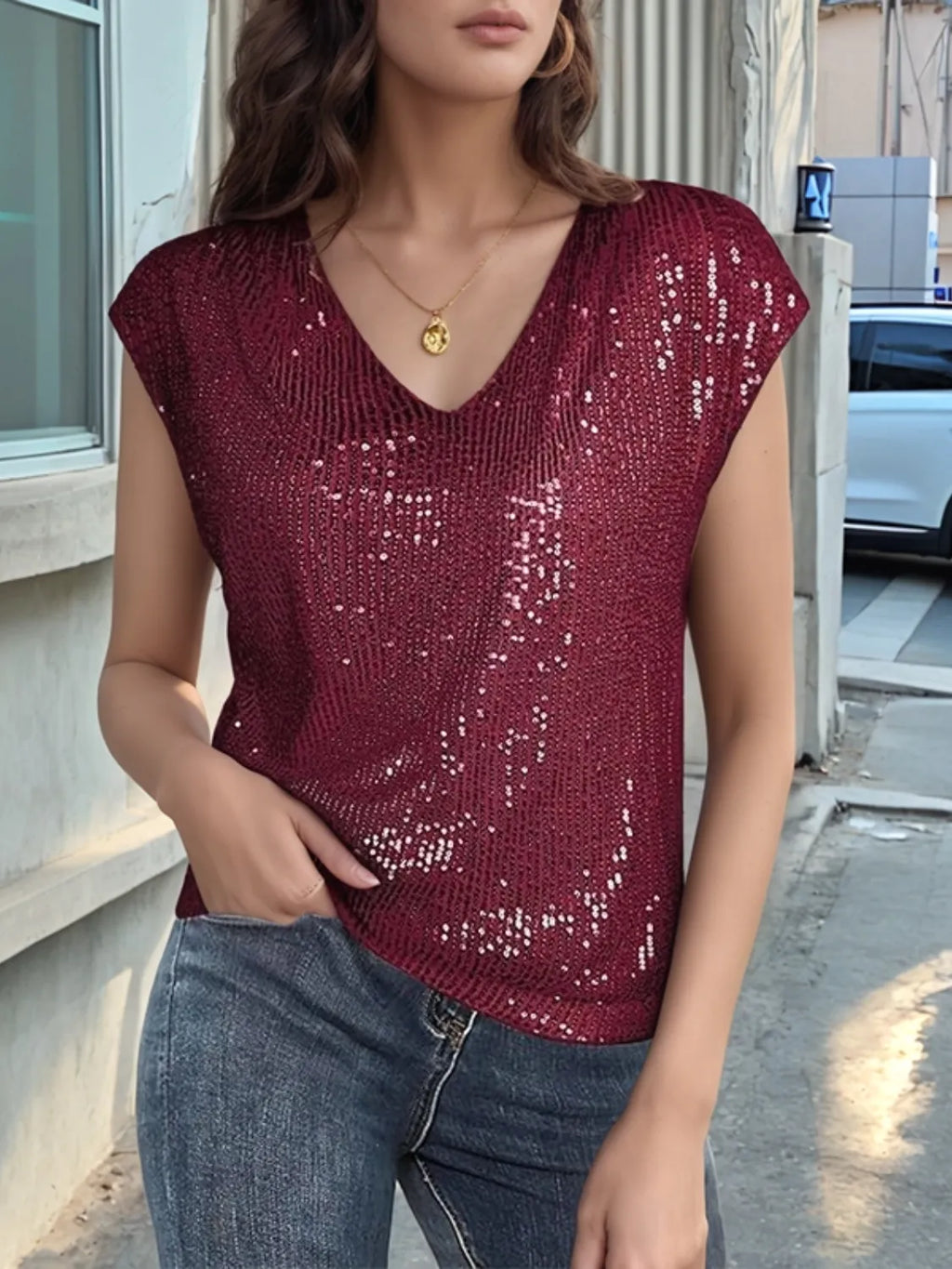 V-neck Sequin Cap Sleeve Top