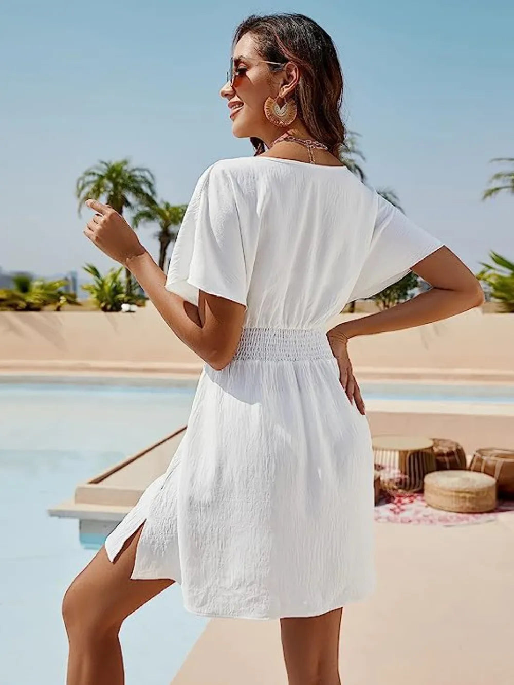 Smocked V-neck Short Sleeve Dress (2)