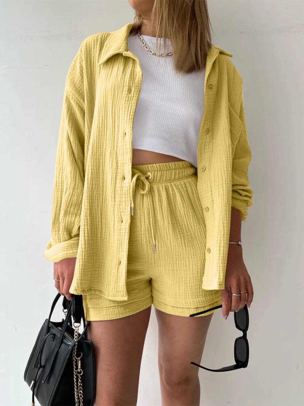 Texture Button Up Shirt Drawstring Shorts Set (33)