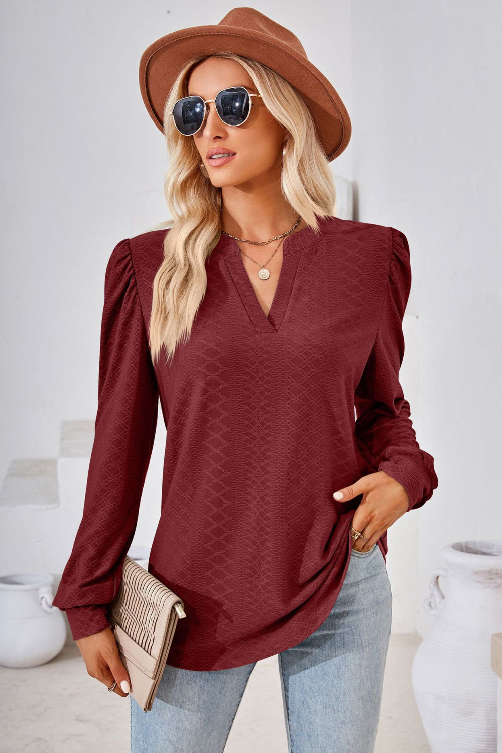 V-neck Puff Sleeve Blouse (14)