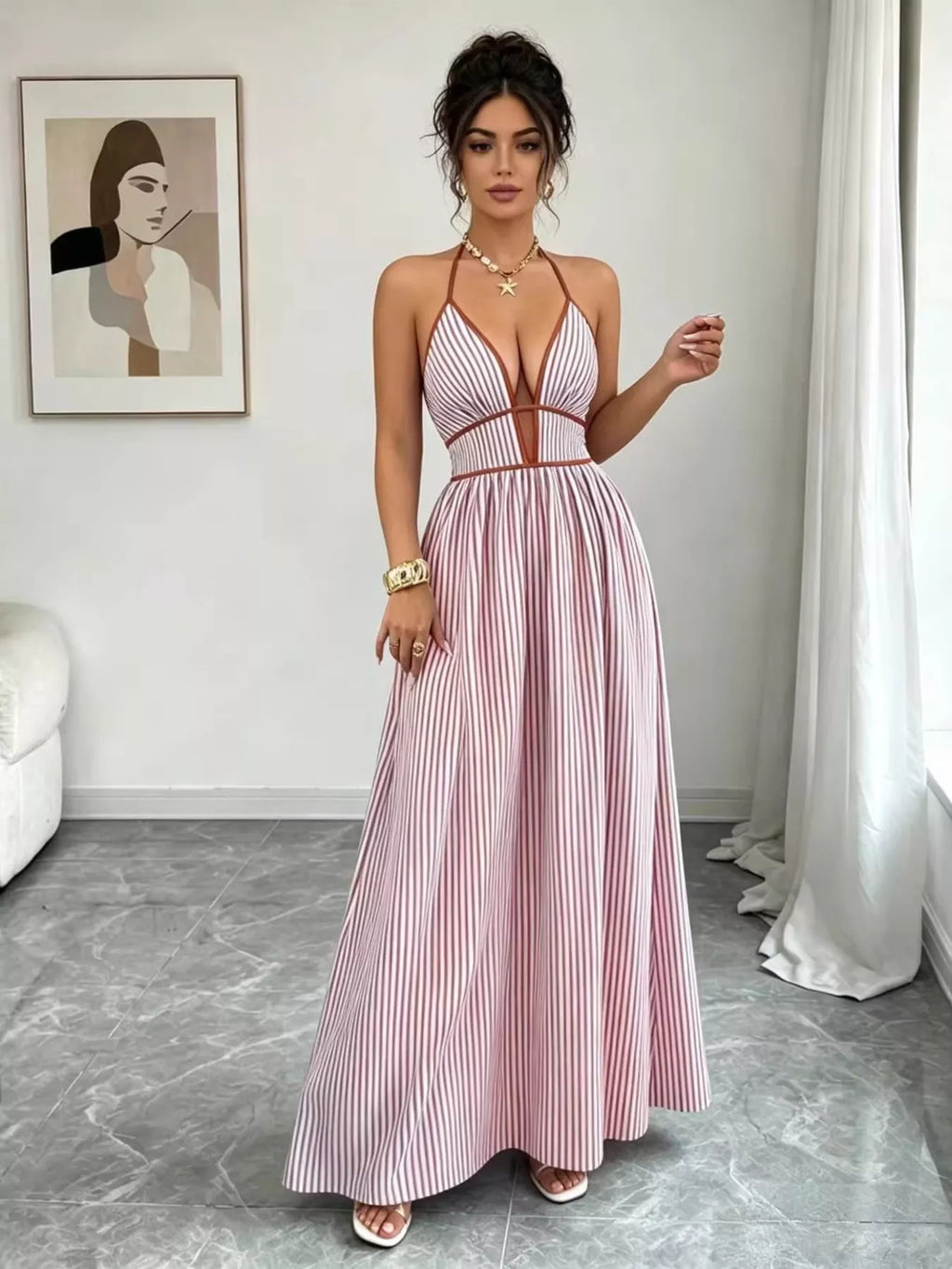 Striped Halter Neck Maxi Dress (10)