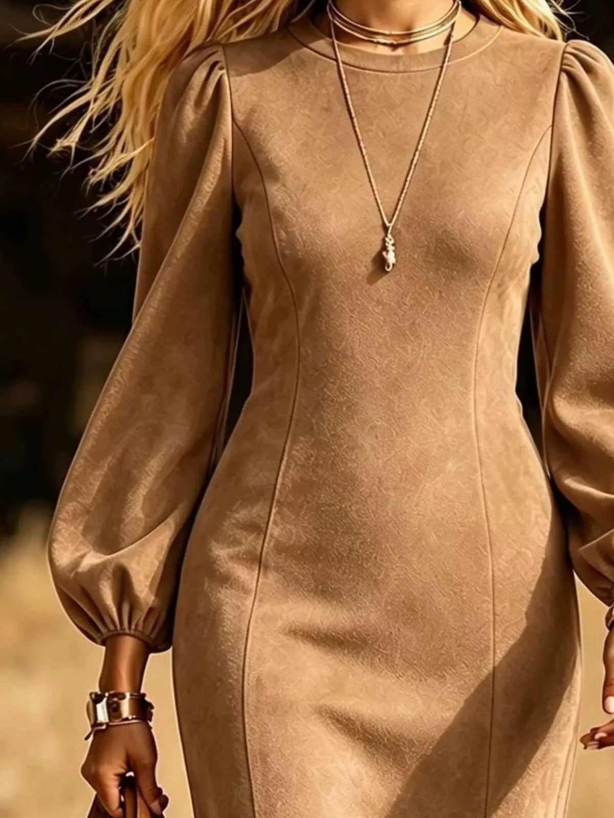 Fringe Round Neck Balloon Sleeve Dress (10)