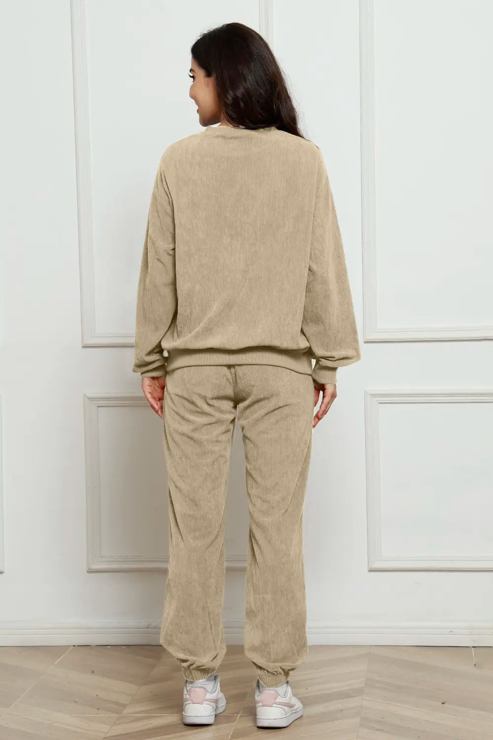 Corduroy Round Neck Sweatshirt Sweatpants Set (15)
