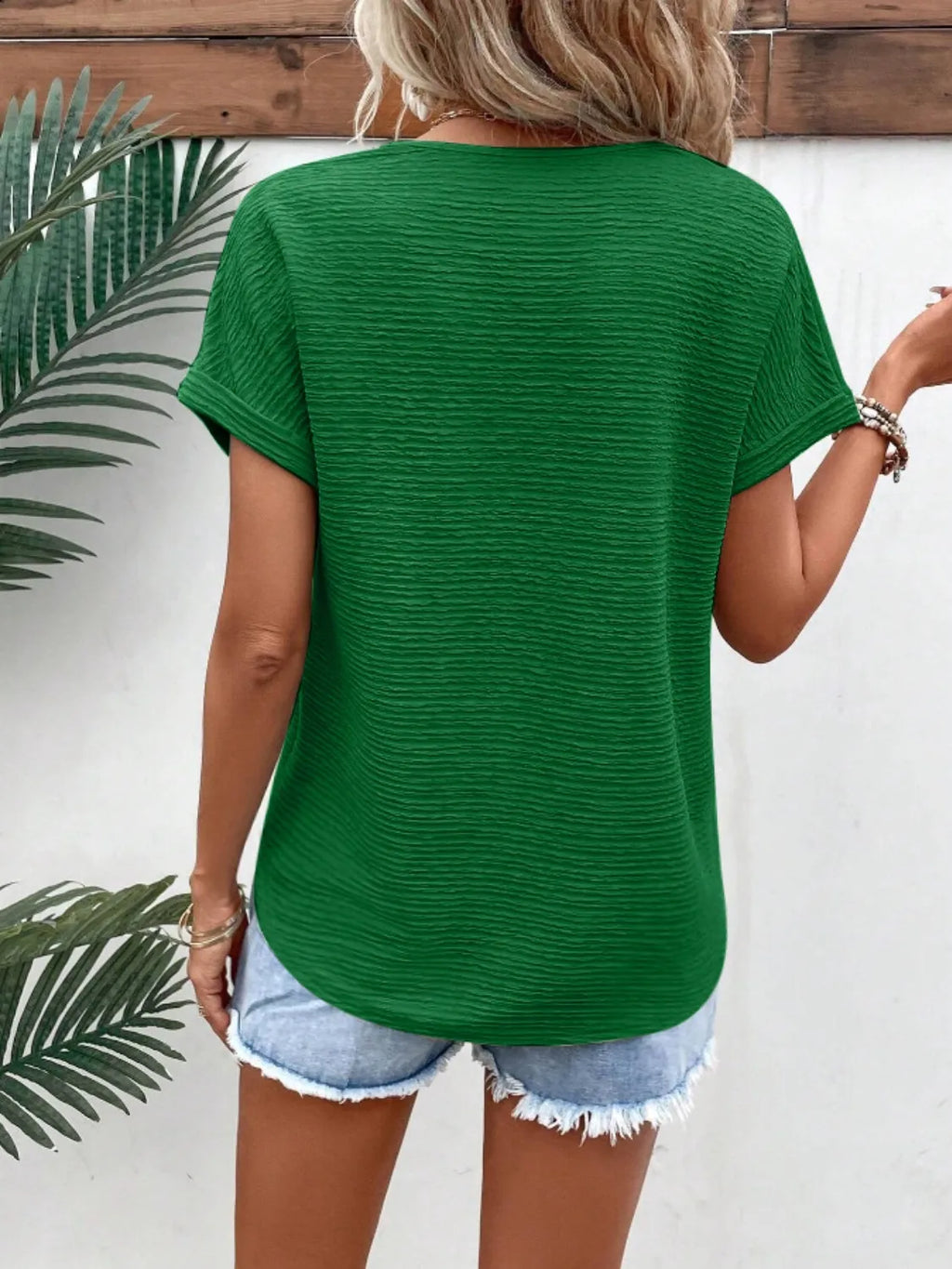 Textured Solid Color Short Sleeve Top (5)