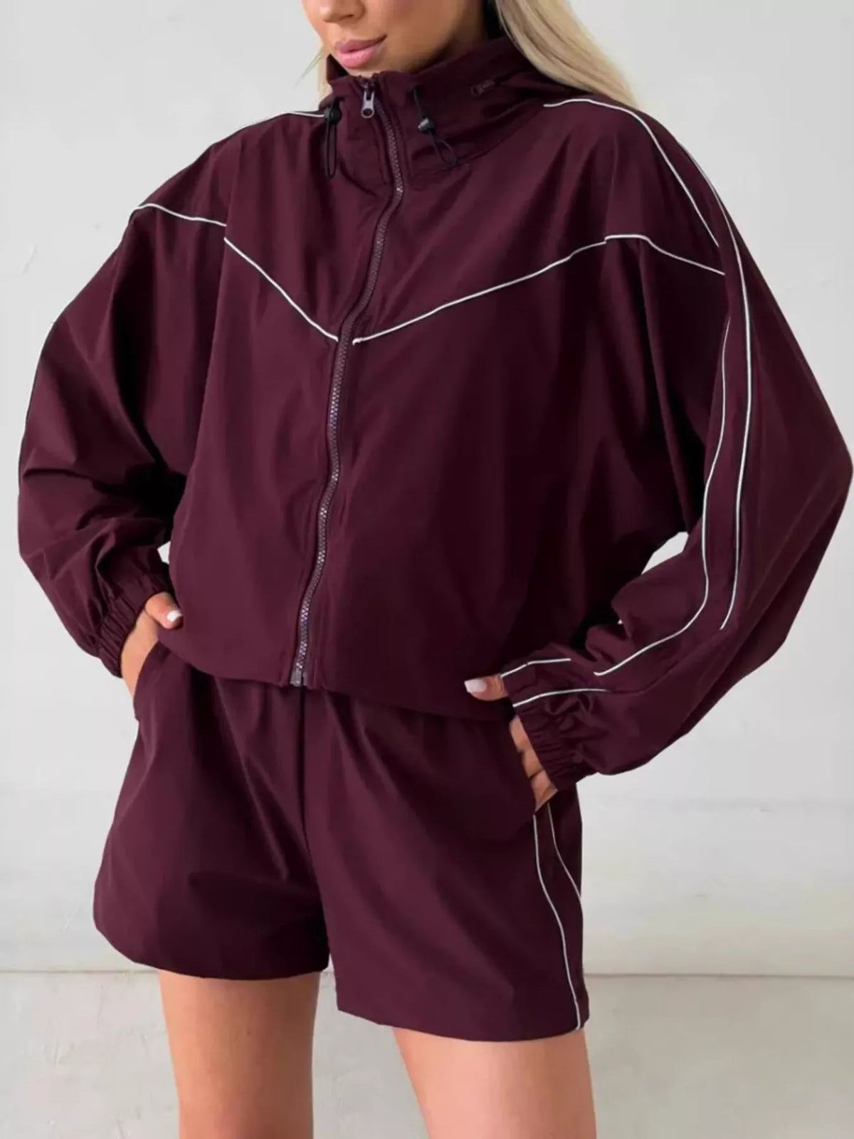 Drawstring Zip-up Jacket Shorts Set (24)