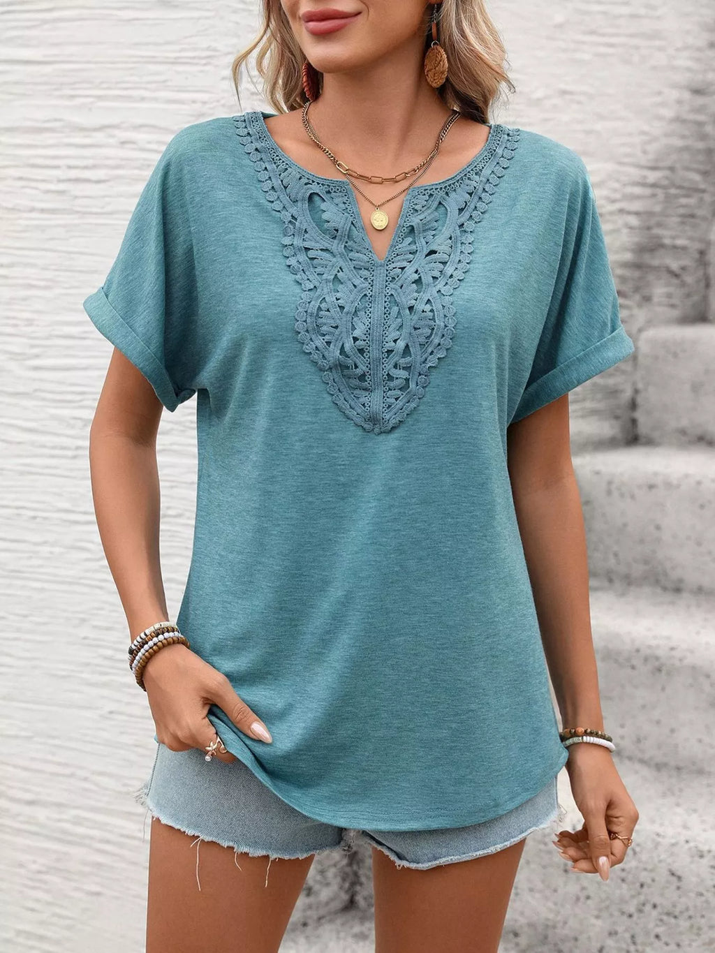Lace Trim Short Sleeve T-shirt