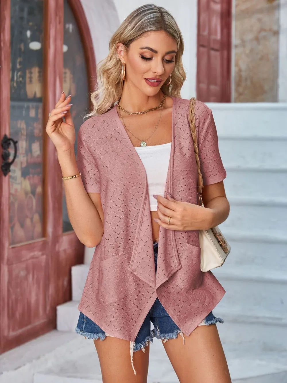 Eyelet Open Front Short Sleeve Cover Up (28)