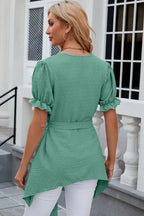 Swiss Dot Tie Waist Flounce Sleeve Blouse (16)
