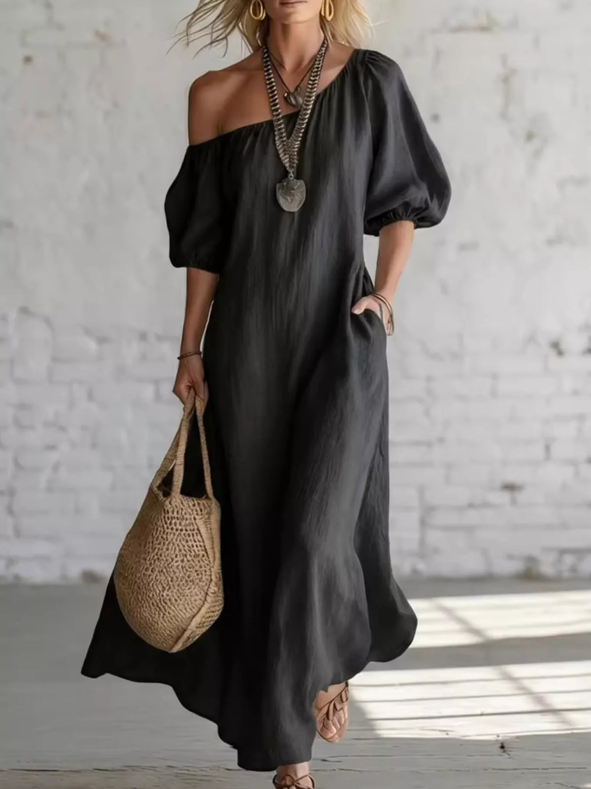 One-shoulder Puff Sleeve Maxi Dress (2)
