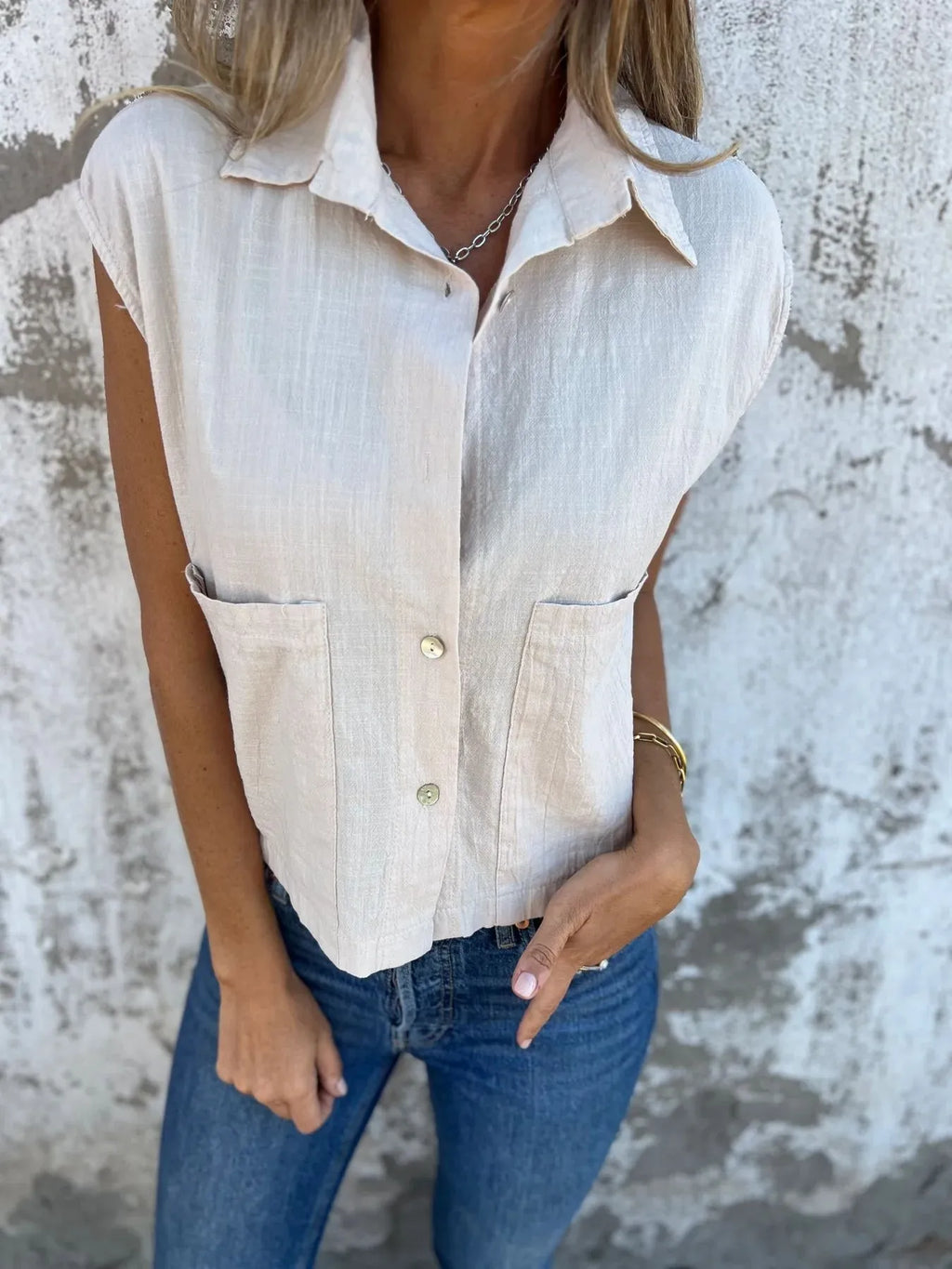 Full Size Textured Button-front Sleeveless Shirt Plus
