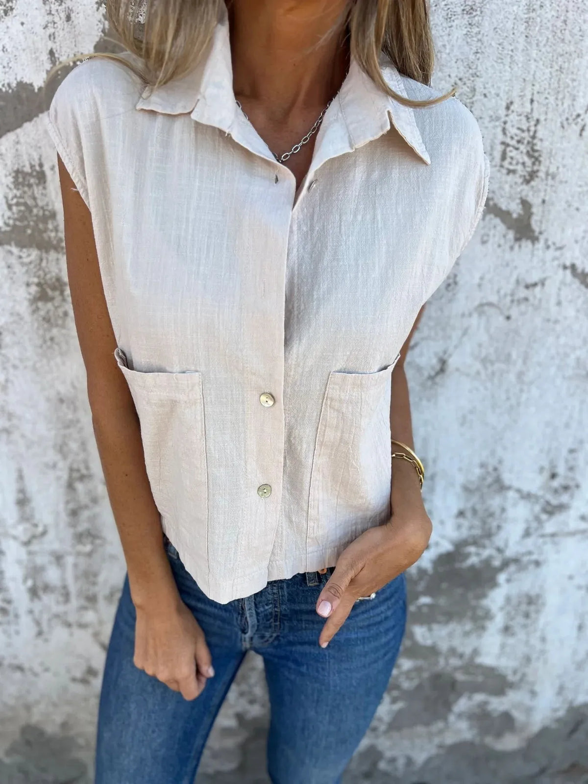 Full Size Textured Button-front Sleeveless Shirt Plus